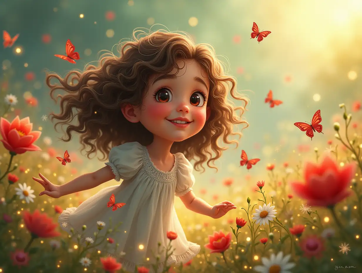 Create a stunning Christmas scene that captures the essence of Julie Dillon’s enchanting style and Sheng Lam's meticulous attention to detail, featuring a beautiful joyful little girl playing in a vibrant field of colorful flowers. She has curly brown hair dancing in the breeze, sparkling brown eyes, and an innocent, heartwarming smile. Butterflies flutter gracefully around her, adding to the playful and magical ambiance. The background includes soft greenery and flowers in full bloom, with festive accents of red and green, emphasizing a playful and magical Christmas atmosphere. The flowers should be meticulously detailed, with each petal and leaf rendered to perfection, creating a lush and inviting landscape. The lighting is soft and warm, casting a gentle glow that enhances the enchanting and delightful atmosphere. The interplay of light and shadow should highlight the textures of the flowers and the girl's hair, adding depth and realism to the scene. Festive elements such as twinkling lights and snowflakes should be subtly integrated into the composition, adding to the holiday cheer. The composition should be balanced, with the little girl at the center of the frame, drawing the viewer's eye to her joyful expression and the vibrant field around her. The overall effect should be a visually striking and emotionally evocative image that captures the essence of a magical, artistic Christmas celebration