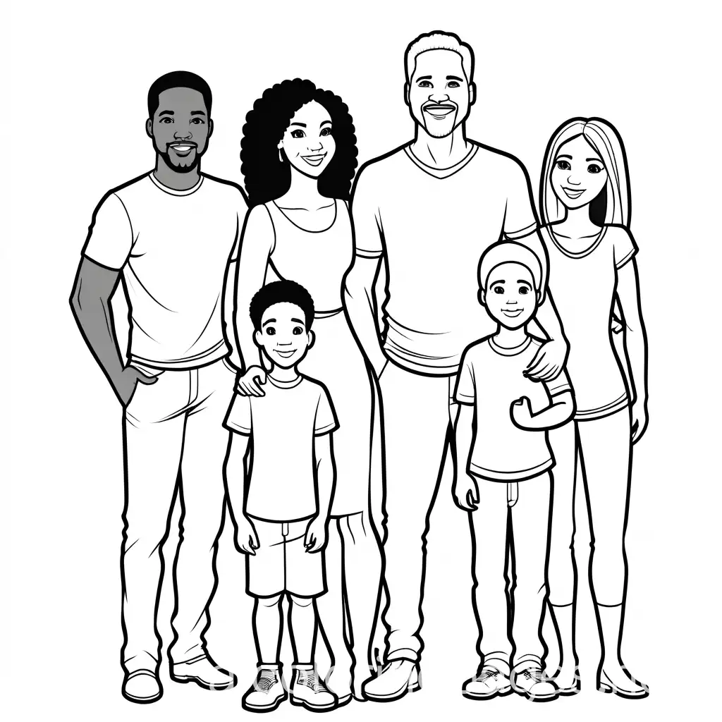 Family of Seven, Black Mom, White Dad, Three Black Sons, One White Daughter, Coloring Page, black and white, line art, white background, Simplicity, Ample White Space. The background of the coloring page is plain white to make it easy for young children to color within the lines. The outlines of all the subjects are easy to distinguish, making it simple for kids to color without too much difficulty