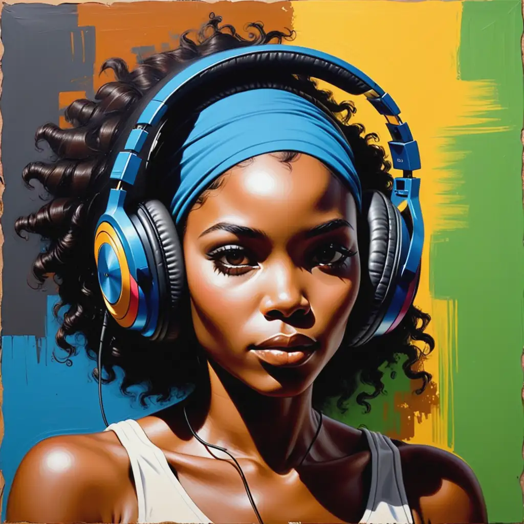 Vibrant Pop Art Portrait of an African American Woman in Headphones