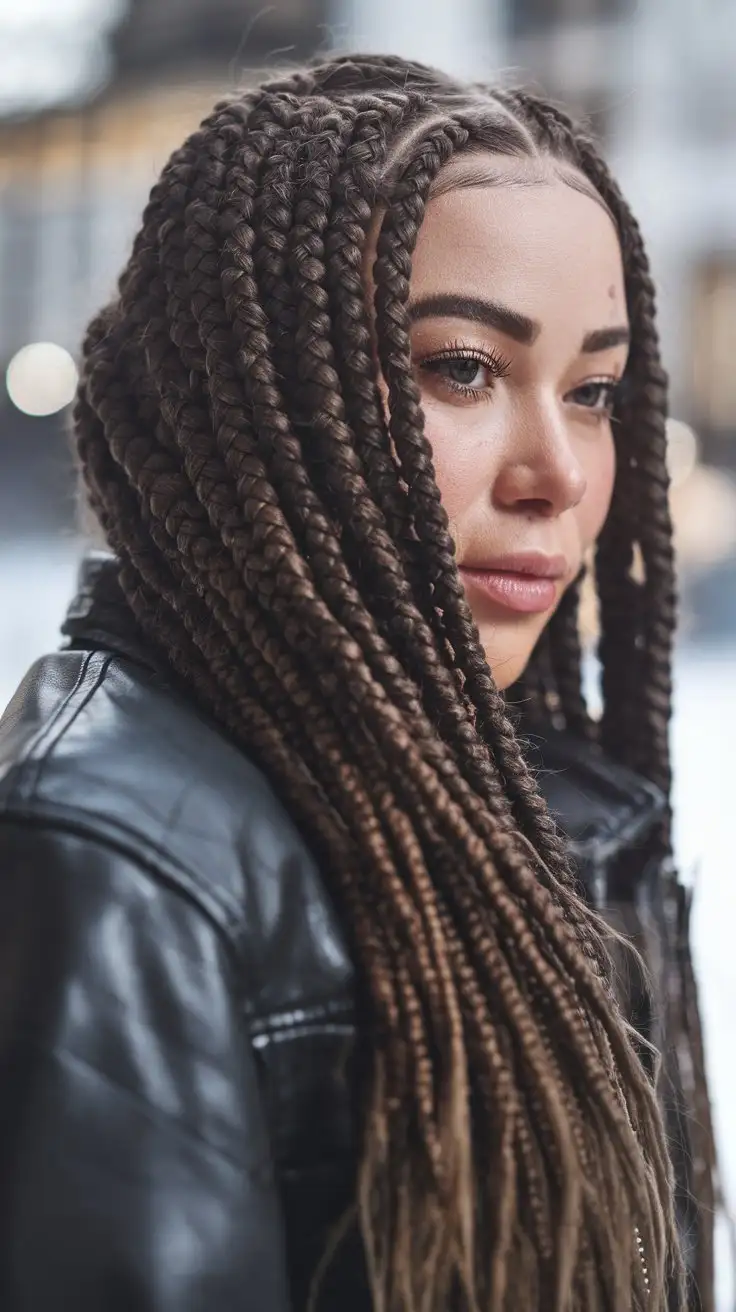 Closeup-of-Dark-Brown-Chunky-Box-Braids-in-Winter-Urban-Setting-with-Leather-Jacket