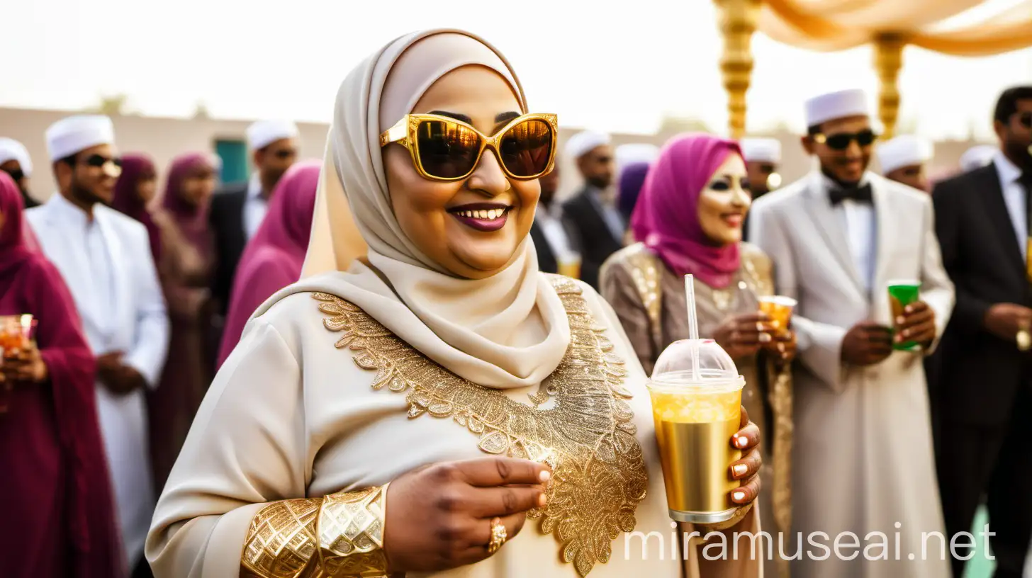 Elegant Muslim Woman at Wedding Ceremony with Cold Drink