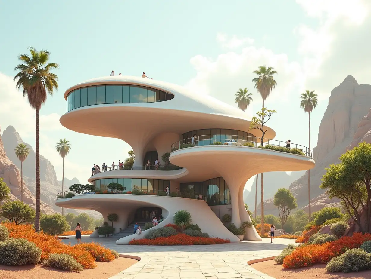 Create a high-resolution, realistic panorama image of a futuristic terrace building with window UFO house with bridge, one and one with people, many plants and colorful flowers White and brown facades in the desert oasis, big trees, very cloudy sky