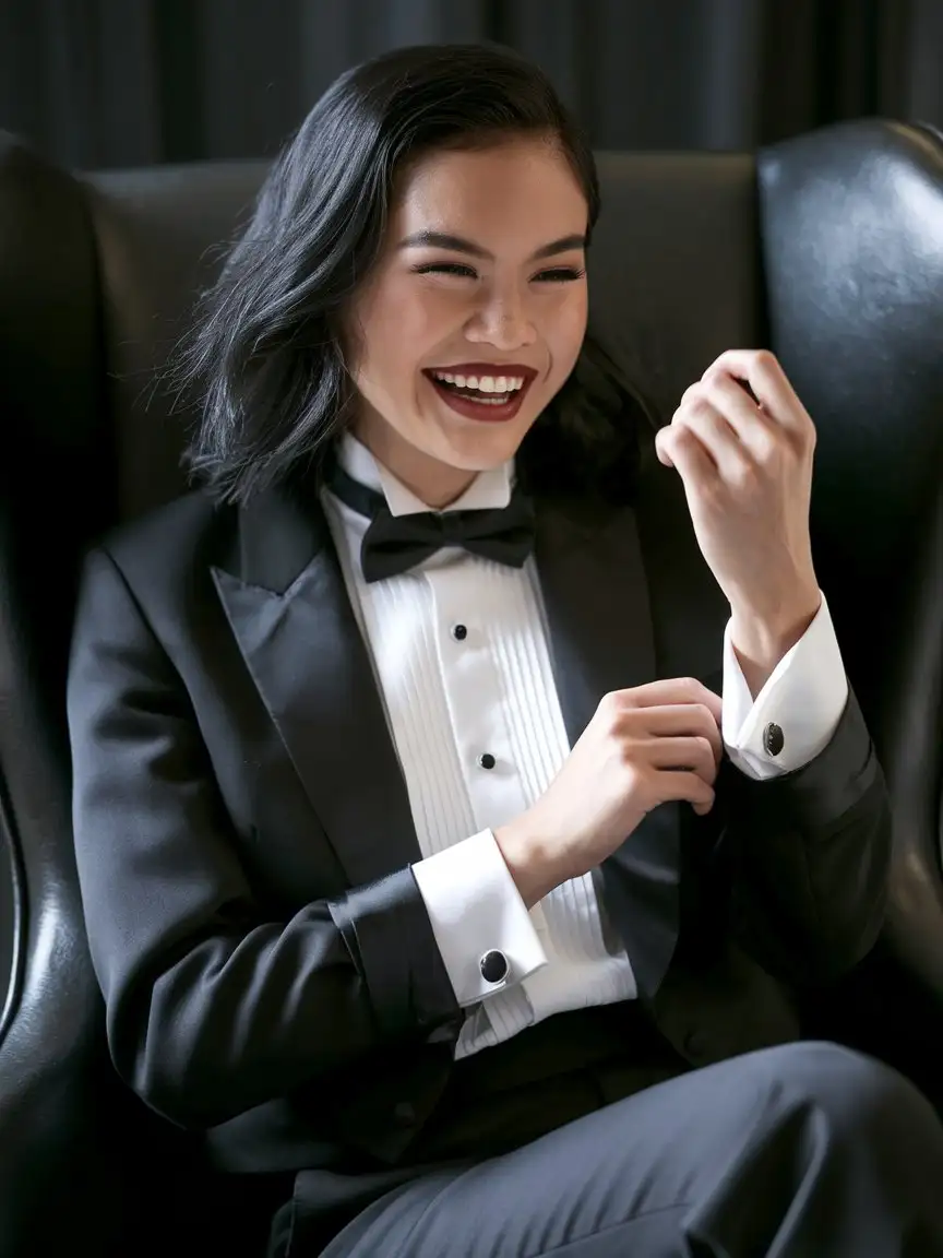 smiling and laughing  and young and vivacious filipino woman with ebony black shoulder length hair and lipstick crossing her arms, wearing a tuxedo with black tuxedo pants and a white shirt with a wing collar and a black bow tie and a black cummerbund and black cufflinks.  She is sitting in a chair in a dark room.  She is adjusting her shirt cuff.