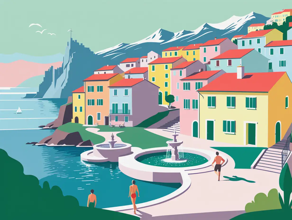 simple vector drawing of an European city showing houses with a fountain in one side and the sea in the other side with swimmer and sailer and mountains hikers in the background. Use pastel colors like green, red, blue and yellow