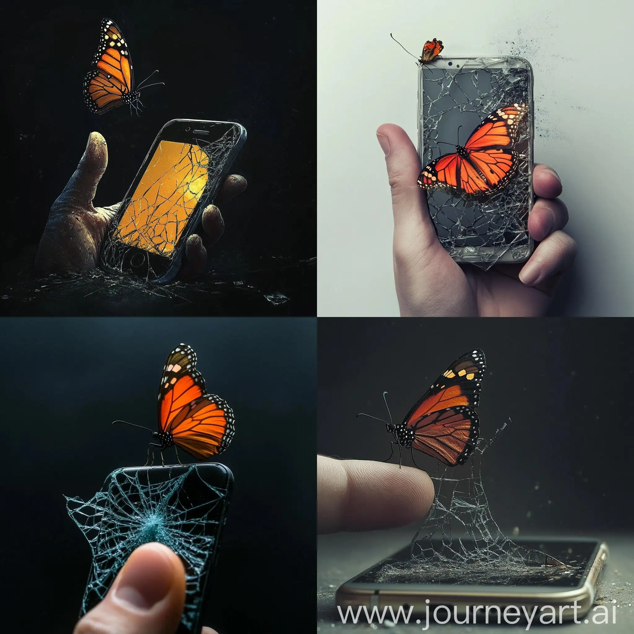 Human-Finger-Pointing-at-Broken-Phone-with-Butterfly-Perch