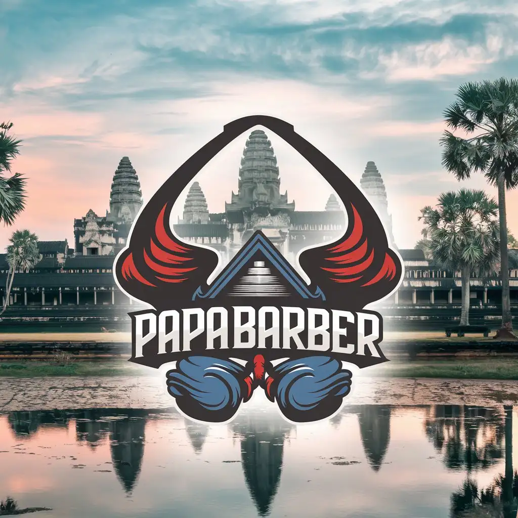 LOGO Design for Papa Barber Angkor Wat Background with Barber Styles and SMM Theme