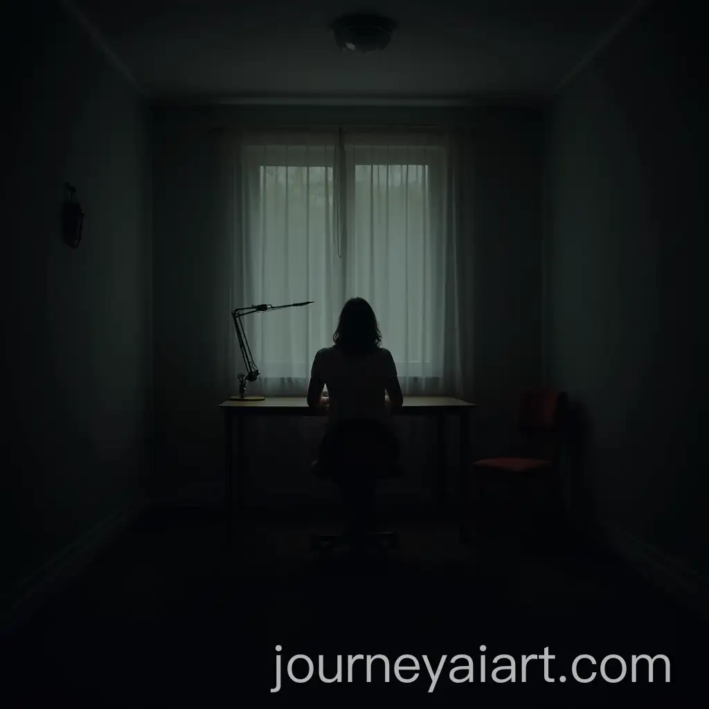 Woman-Sitting-at-Desk-in-Moody-Room-with-Shadowy-Atmosphere