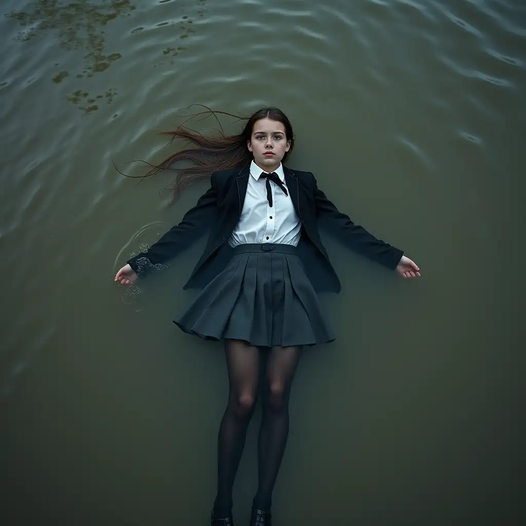 A young schoolgirl in a school uniform, with a skirt, jacket, blouse, dark tights, high-heeled shoes. Swims in a dirty pond, lies underwater, the whole body under water, completely wet clothes, no dry spots on the clothes, wet clothes stick to the body.