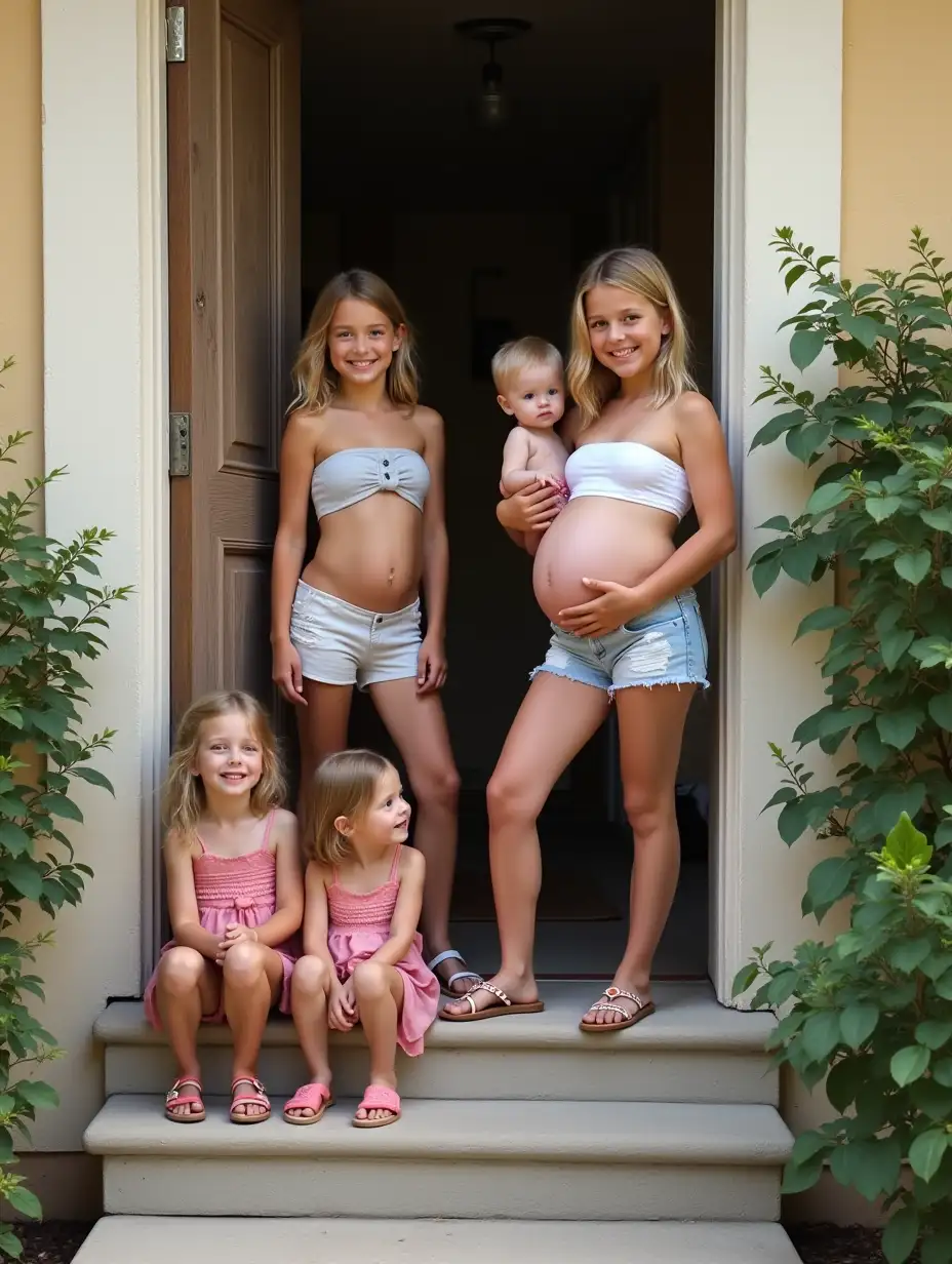 Preteen-Girls-with-Toddlers-and-Pregnant-Bellies-in-Front-Doorway-of-Apartment