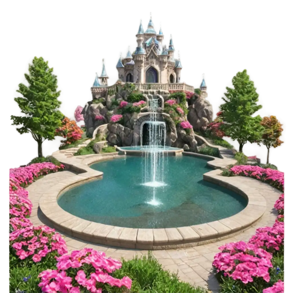 fantasy world with fountains and blooming flowers