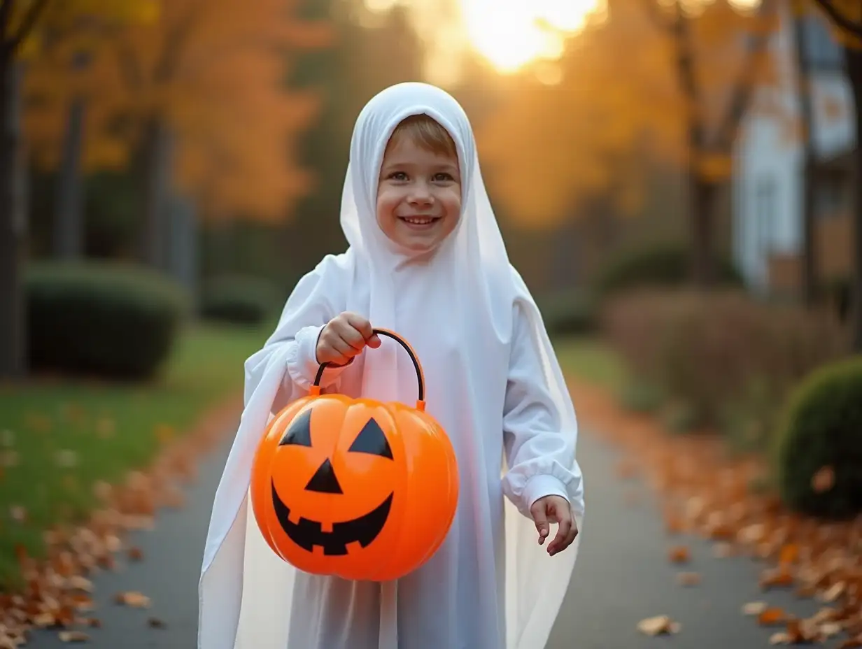 Spooky-Halloween-Toddler-in-Ghost-Costume-Collecting-Treats