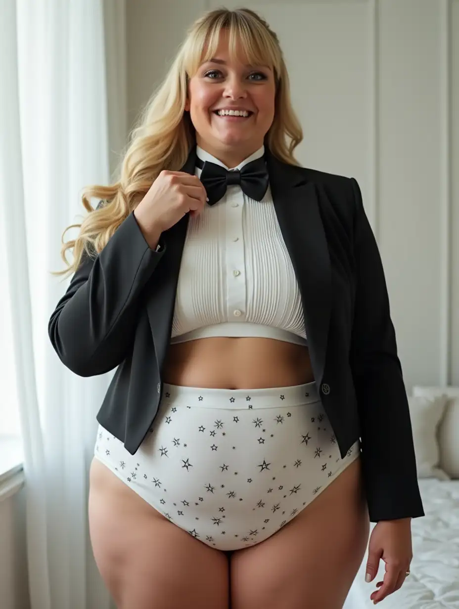 photo realistic, sweet smiling middle-aged larger plump obese body type with large wide hips Caucasian female woman, with long blonde pulled back hair with bangs, wearing a very formal orchestra concert tuxedo with black long sleeve high cut cropped above waist Eton jacket, (white cropped above waist tuxedo shirt, with high standing wingtip collar, and many thick vertical pleats front), (black diamond point bow tie with black adjustable neckband), white with many matching multicolored super tiny micro stars all over floral pattern print, very tight mid-rise high cut cotton brief with bright white waistband, bare legs, high heels, looking at viewer while tugging on bow tie, in a white bedroom, full body front view.