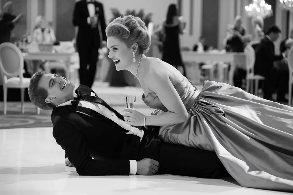 Joyful Caucasian Man Laughing with Woman in Silver Ballgown