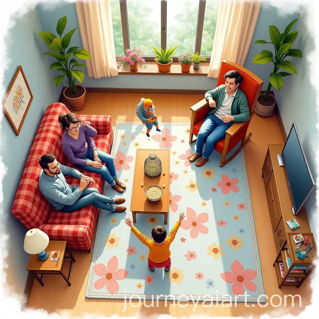 Cozy-Family-Living-Room-with-Parrot-and-Knitting-Mom-in-Watercolor