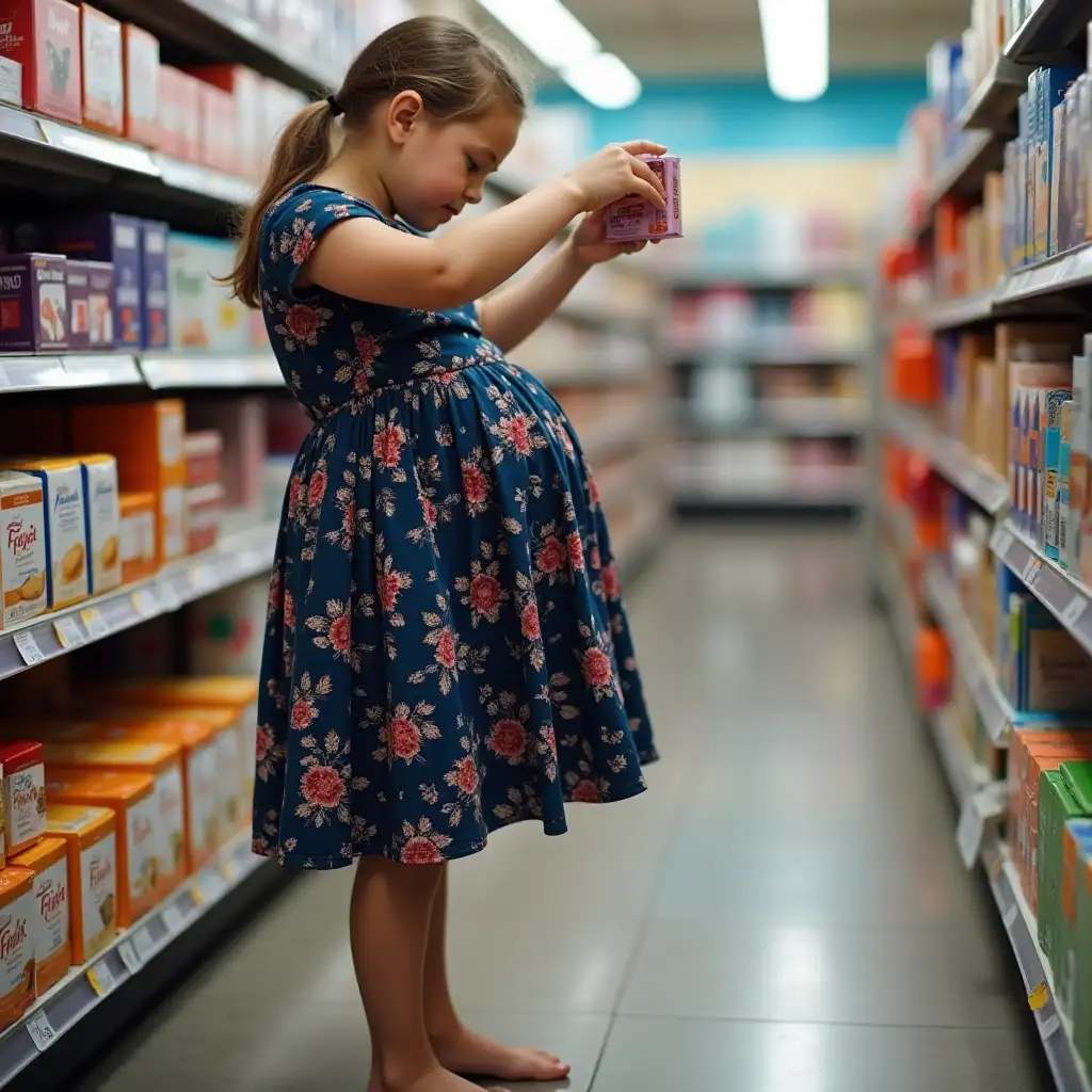 A photo a girl in a busy store. she has a dark-blue dress with floral pattern. she is on her toes, reaching for a box of soap but her large-pregnant belly is in the way.