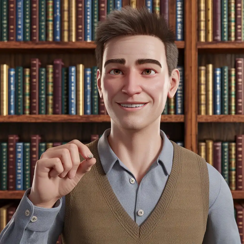 a realistic young man age 25 with a happy expression from the waist up, in clothing, holding a small button in his hands against a background of books 3d