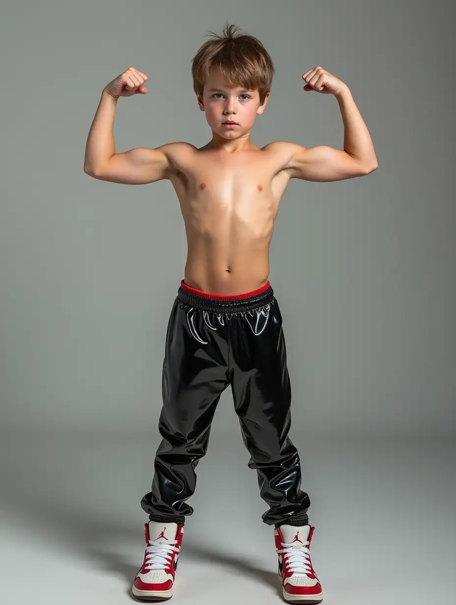 cute athletic ten-year old Nordic boy, wearing NIKE Air Jordan high top sneakers, NIKE PVC pants, flexing for photoshoot, showing chest and V-line abs