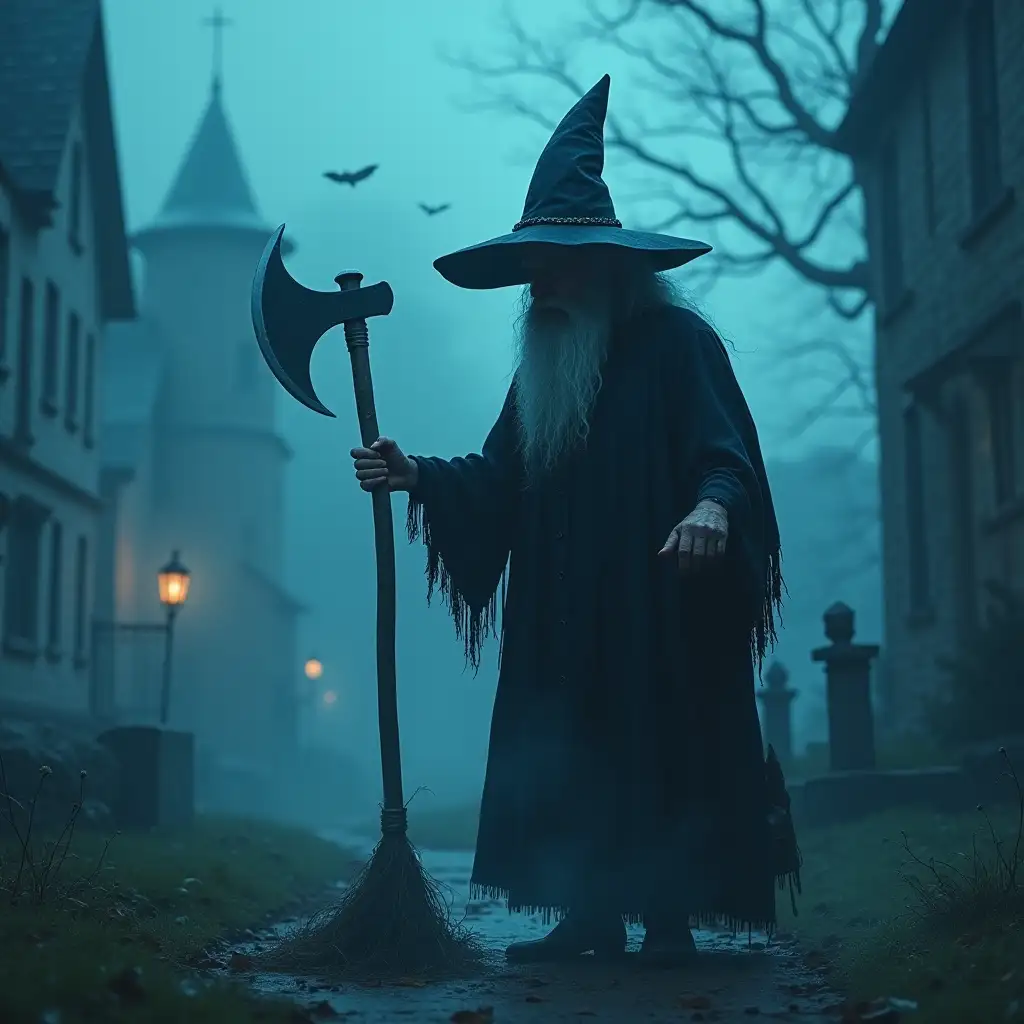 Spooky Old Witch With Hat besom,axe,blue fog into a city with graves