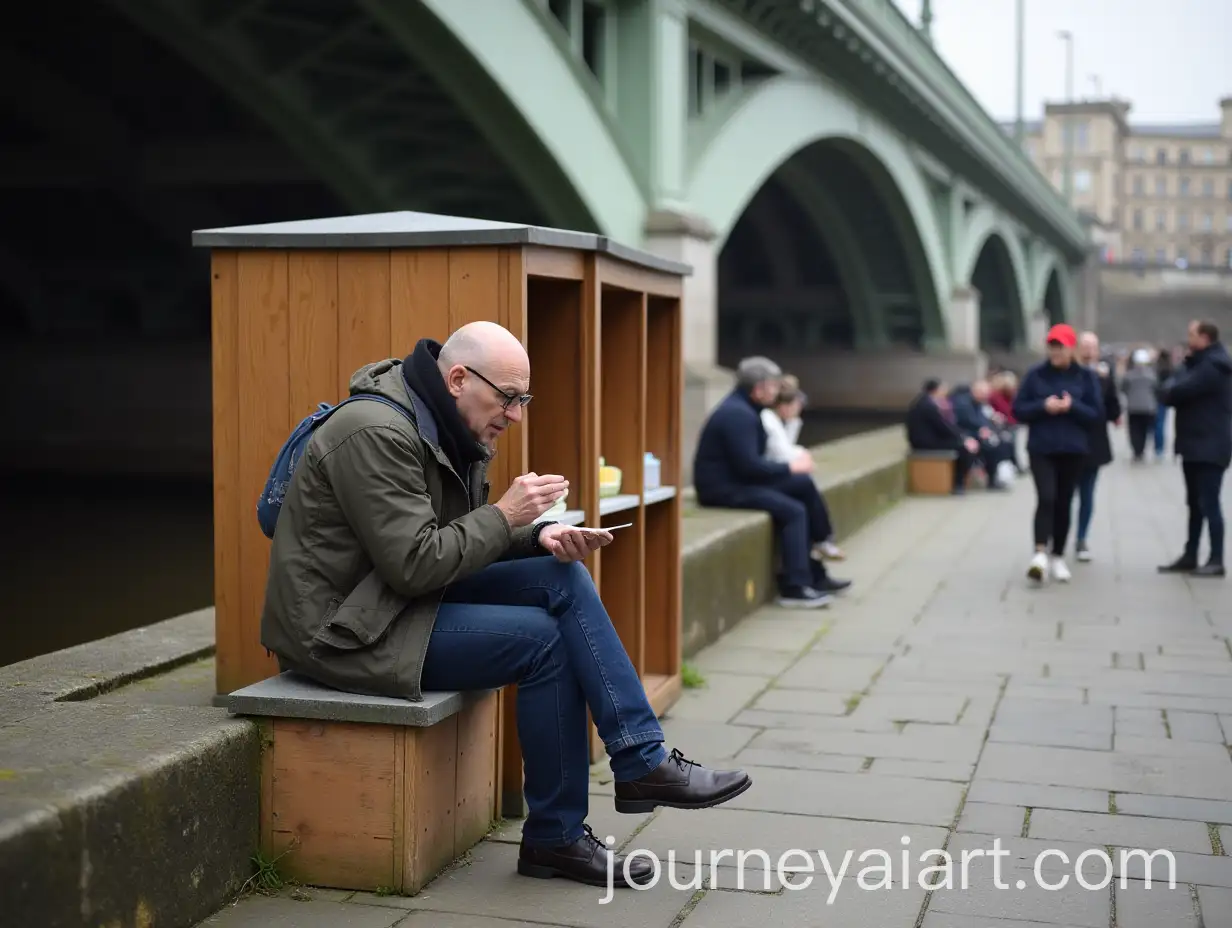 White-Man-with-Bald-Head-and-Glasses-Eating-by-Wooden-Cabinets-Under-Waterloo-Bridge-on-the-Embankment