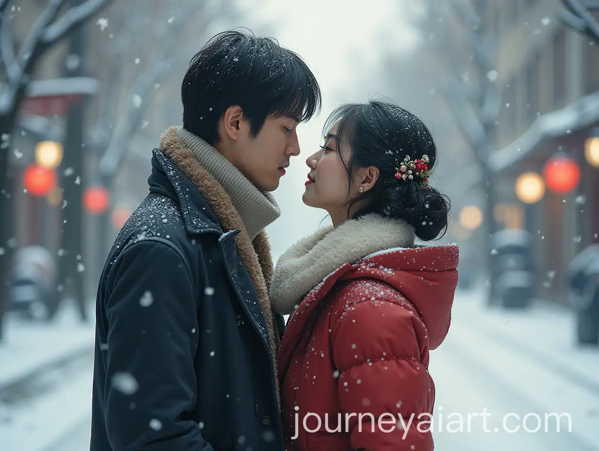 Romantic-Winter-Scene-Featuring-Affectionate-Japanese-Couple-in-Fashionable-Attire