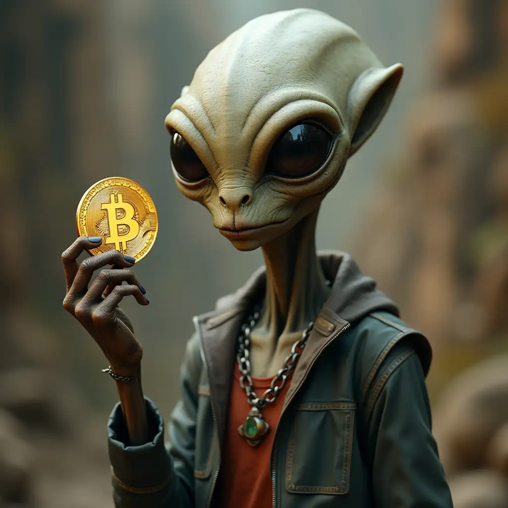 An alien with bitcoin in hand