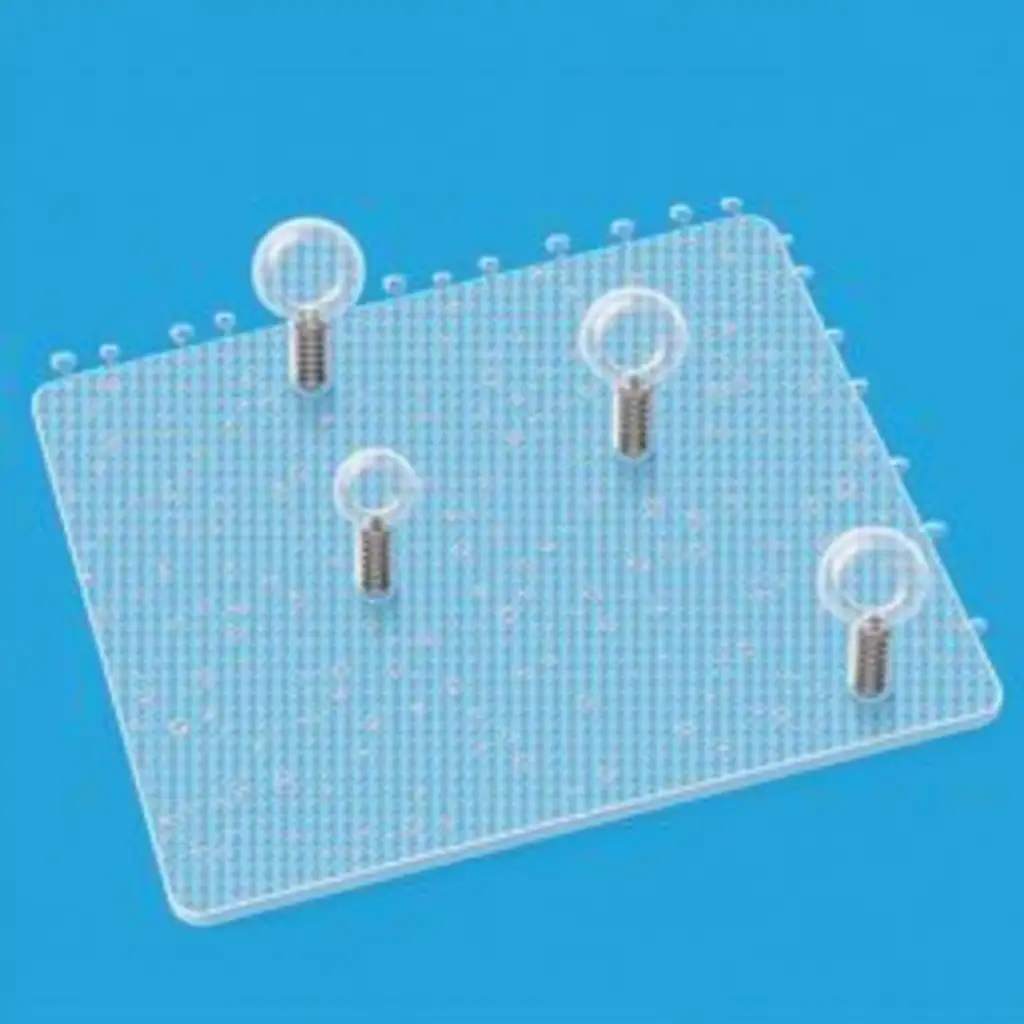 A detailed illustration of a transparent soft polymer surface (PDMS) with controlled, rounded protrusions having varying radii of curvature, while maintaining approximately consistent heights. Micro actuators, modelled as small springs, are positioned beneath the rounded protrusions, which can dynamically adjust the radii of the protrusions. The background is a solid blue, emphasizing the interaction between the actuators and the diverse surface features.