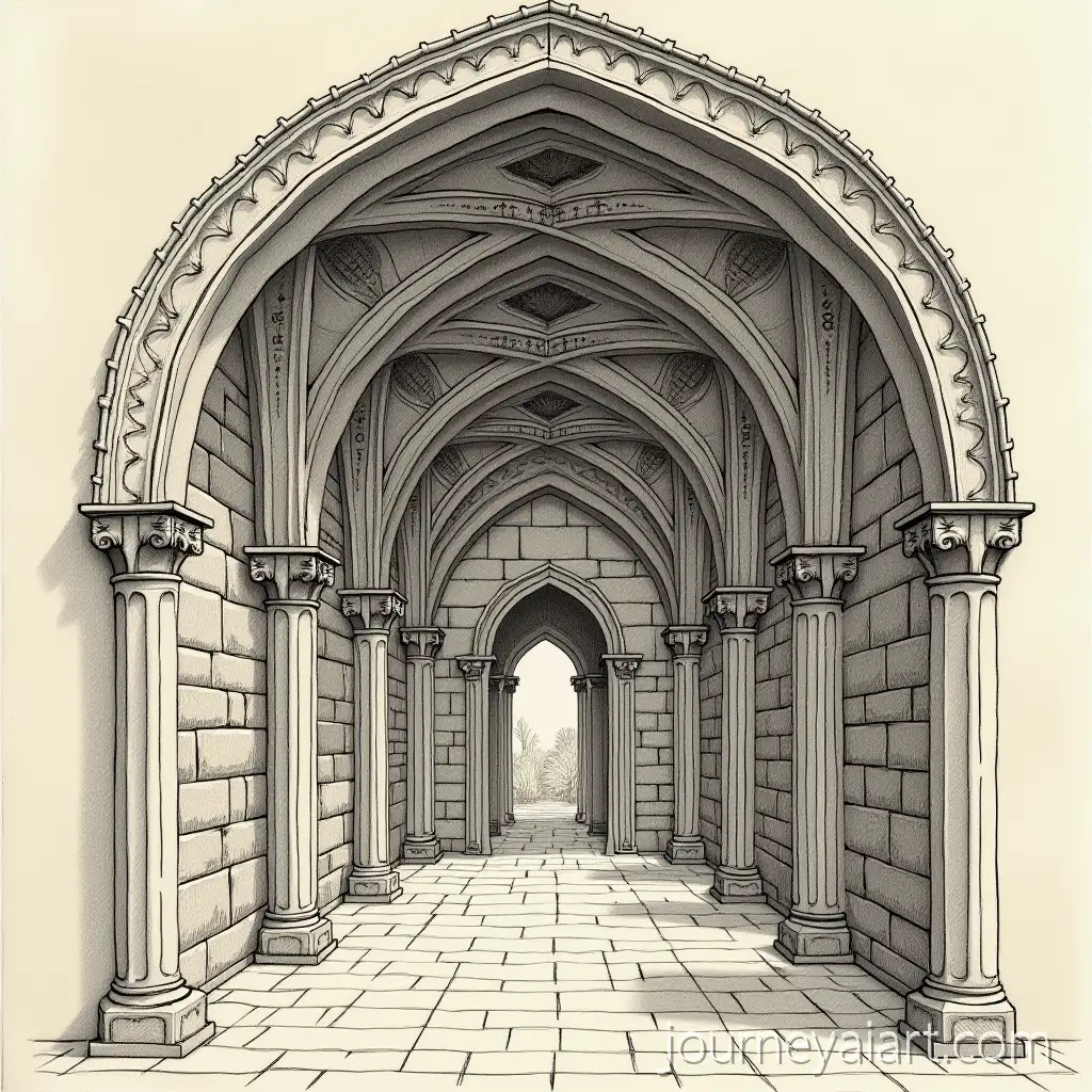 Intricate-Medieval-Woodcut-Sketch-of-HandCarved-Narthex-with-Knights-and-Princesses-Top-View