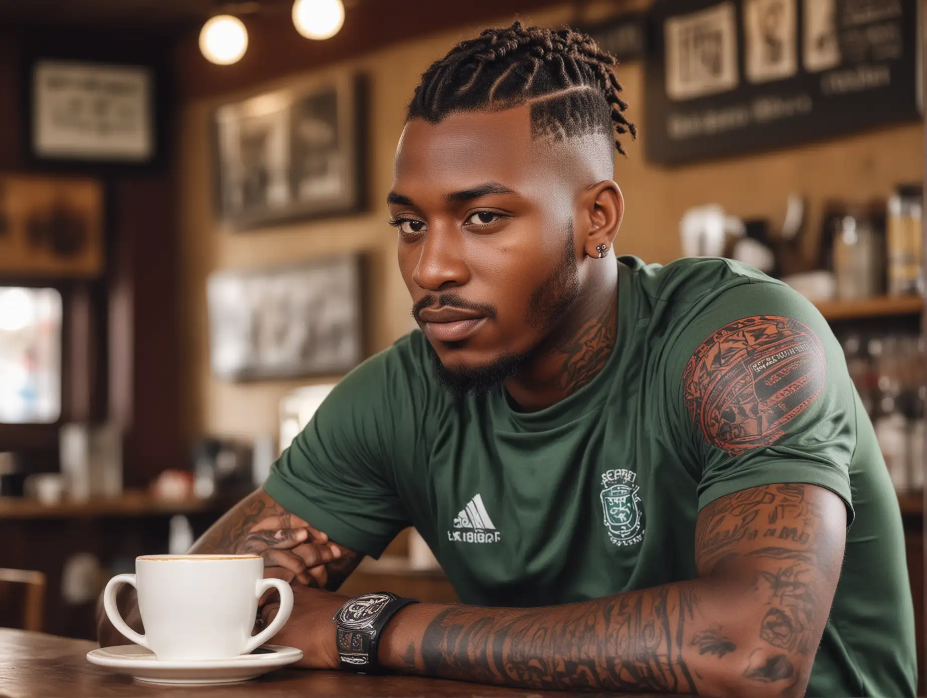 Kenyan Football Player with Short Braids and Tattoos Enjoying Coffee