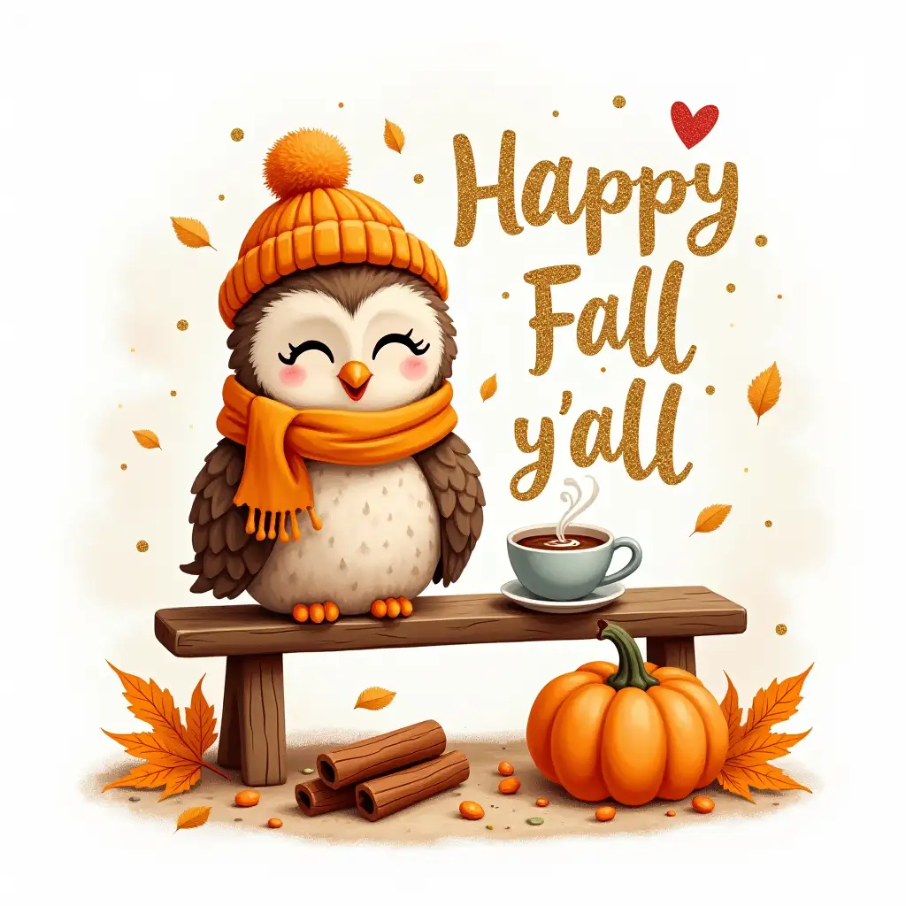 Vintage. A whimsical, cartoon-style owl, wearing a cozy orange beanie and scarf, is perched on a wooden bench. The owl holds a steaming cup of latte in its tiny paws, surrounded by scattered autumn leaves, a small pumpkin, and cinnamon sticks. The background is a soft, white canvas with gold glitter accents. The text 'Happy Fall y'all' is written in a playful Glitter, handwritten font, with a heart above the 'L.' It’s a mix of realism and Watercolor artistry.