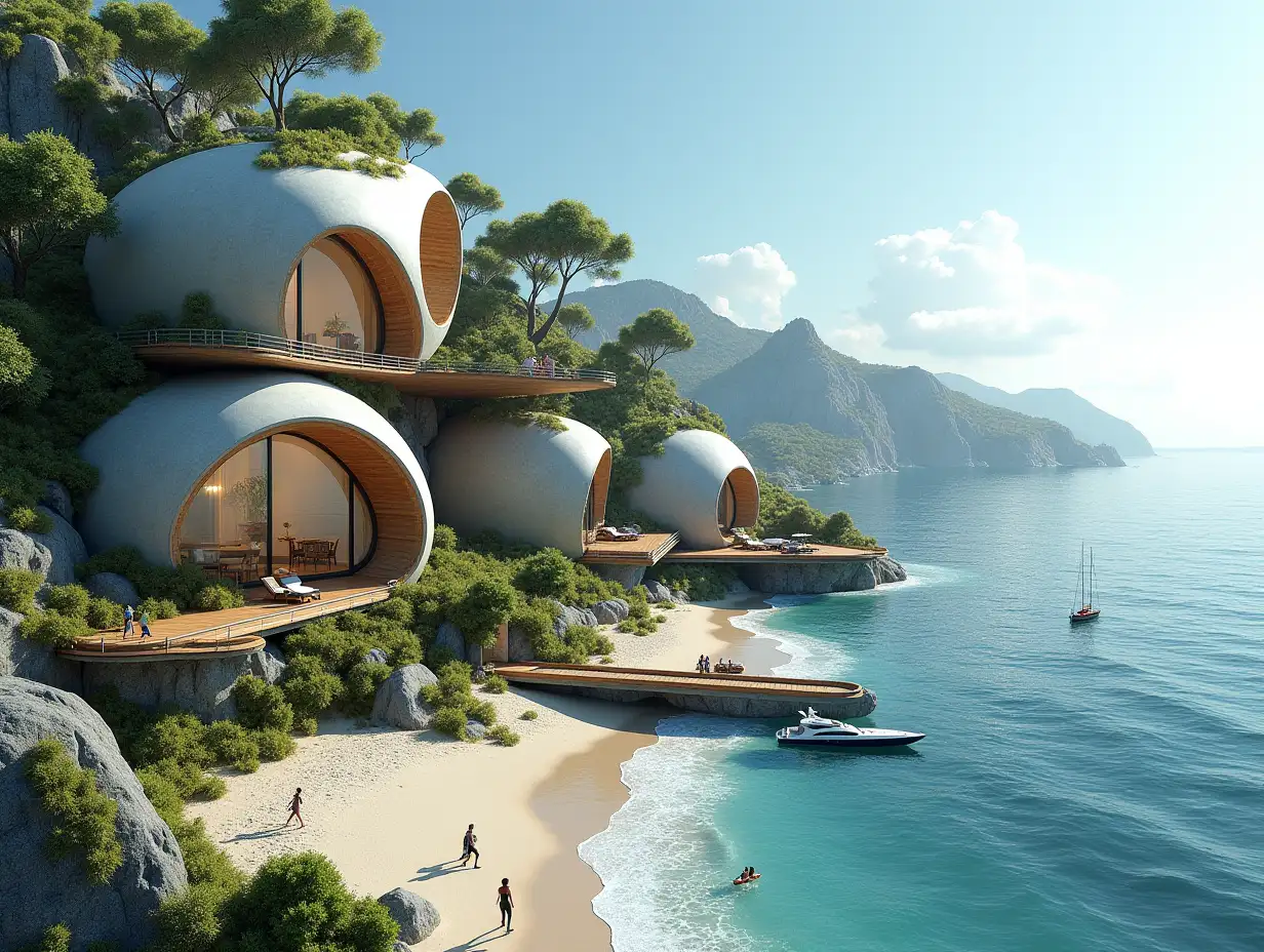 Create a high-resolution, realistic panoramic image of a futuristic terrace building with snail house windows with a bridge, a yacht and a small beach with people, many plants and grey and brown facades with sea with waves, big trees, blue sky