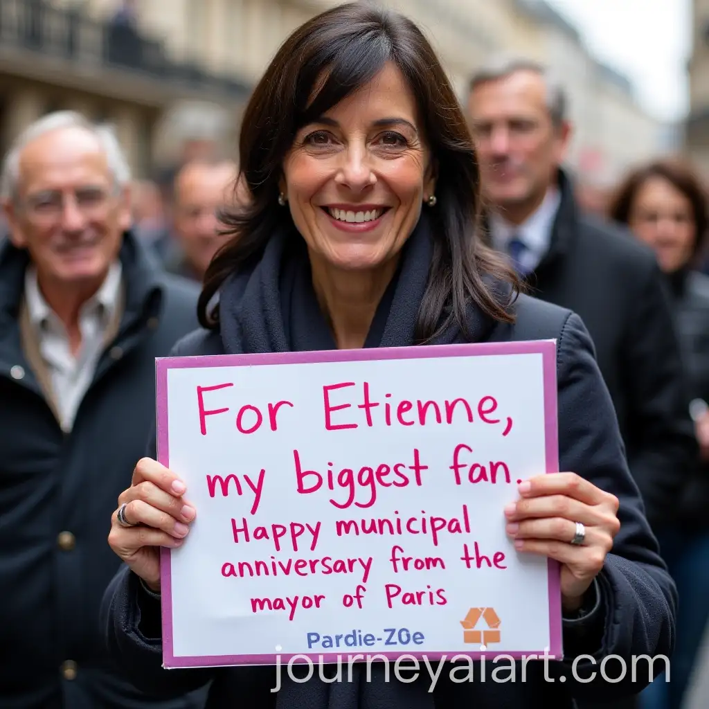 Anne-Hidalgo-Holding-a-Sign-for-Etienne-Paris-Mayors-Municipal-Anniversary-Greeting