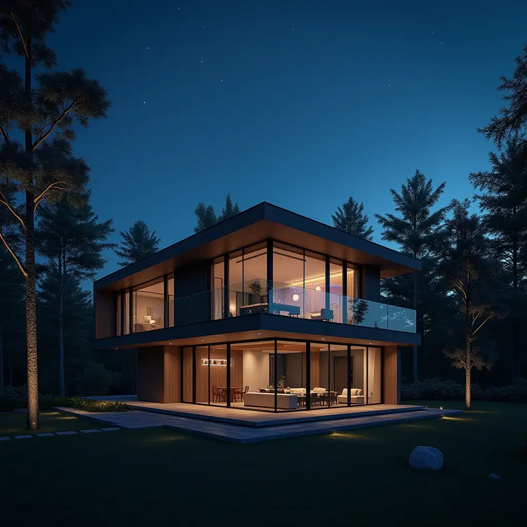 Modern house exterior, realistic rendering, glass and steel materials, dramatic lighting, ultra-realistic, cinematic, surrounded by a lush forest, clear night sky with stars