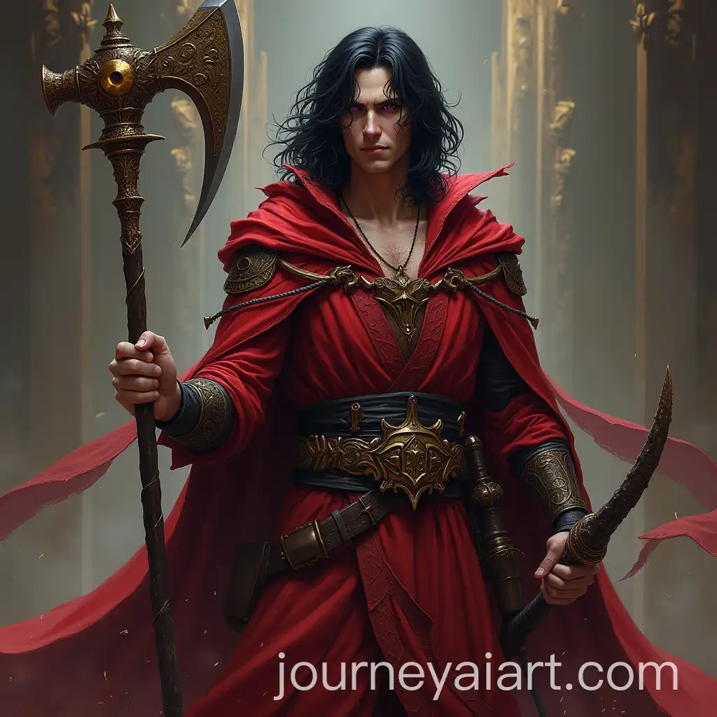 Aasimar-Warrior-with-Ethereal-Scimitar-and-Hand-Axe-in-Red-Intricate-Robe