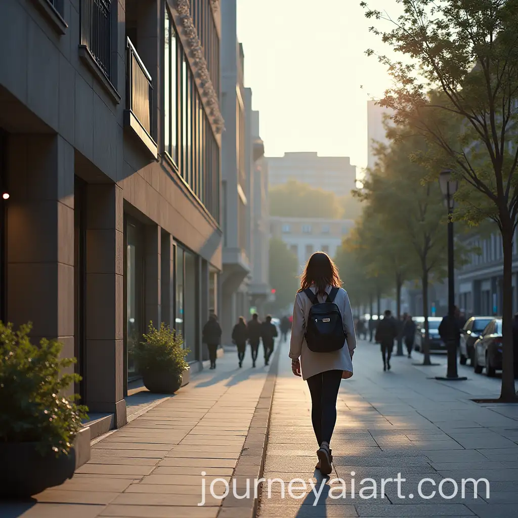 Woman-Walking-Towards-Library-in-Urban-Scene
