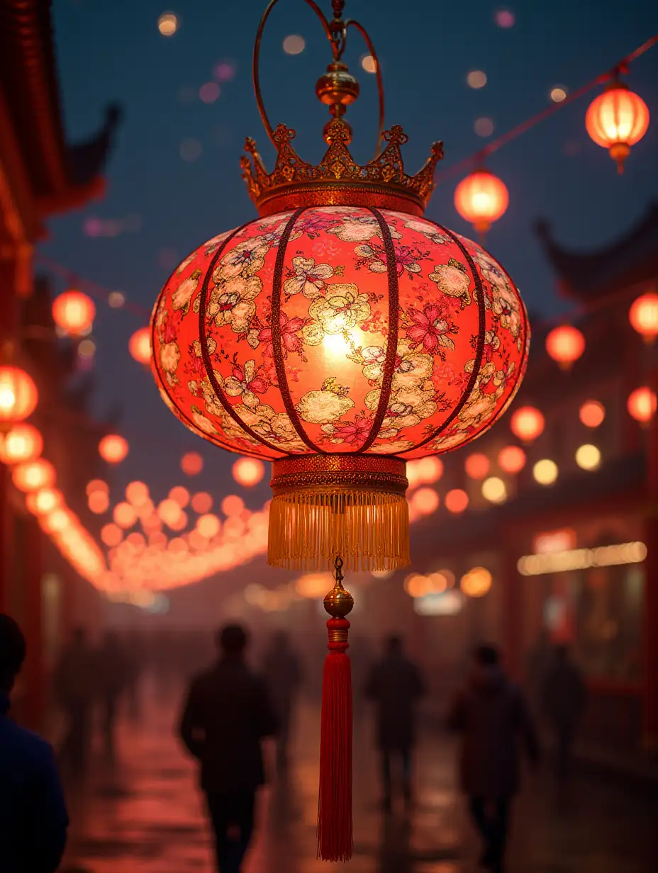 A luxurious and elegant Chinese-style lantern rotating, accompanied by multicolored twinkling lights, full of festive holiday atmosphere HR giger style Salvador Dali style whimsical macabre surreal beautiful glowing iridescent very detailed photorealistic life like