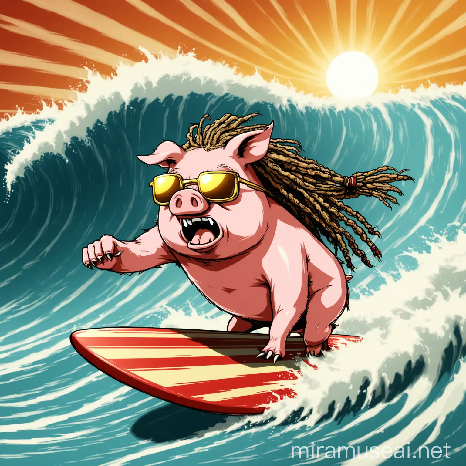 Angry Pig Surfing with Golden Sunglasses and Dreadlocks