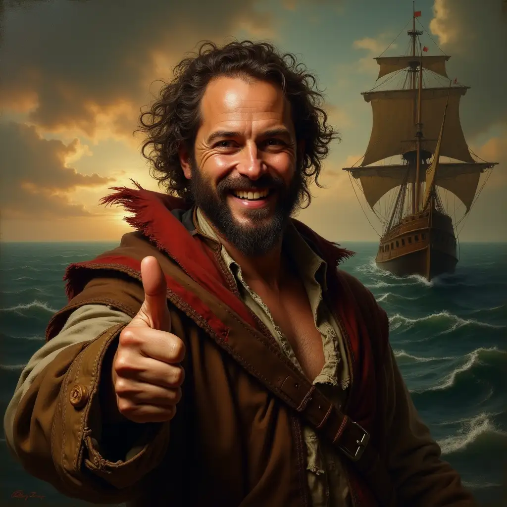 highly detailed digital painting of a pirate in the style of classical oil painting, reminiscent of Baroque or Romantic-era art. The pirate is facing the viewer directly, smiling warmly with a joyful expression, and enthusiastically giving a thumbs-up gesture to convey admiration. Ensure the pirate's head is uncovered (no tricorn hat or headwear), revealing tousled hair or a bald scalp. Emphasize realistic textures—weather-beaten skin, intricate wrinkles, a scruffy beard, and worn clothing with frayed edges. Surround the pirate with a dramatic, atmospheric backdrop, such as a stormy sea, a pirate ship with billowing sails, or a golden sunset. Use rich, deep colors and chiaroscuro lighting to evoke the mood of Old Master paintings. Focus on expressive brushstrokes and a painterly texture to mimic traditional canvas art