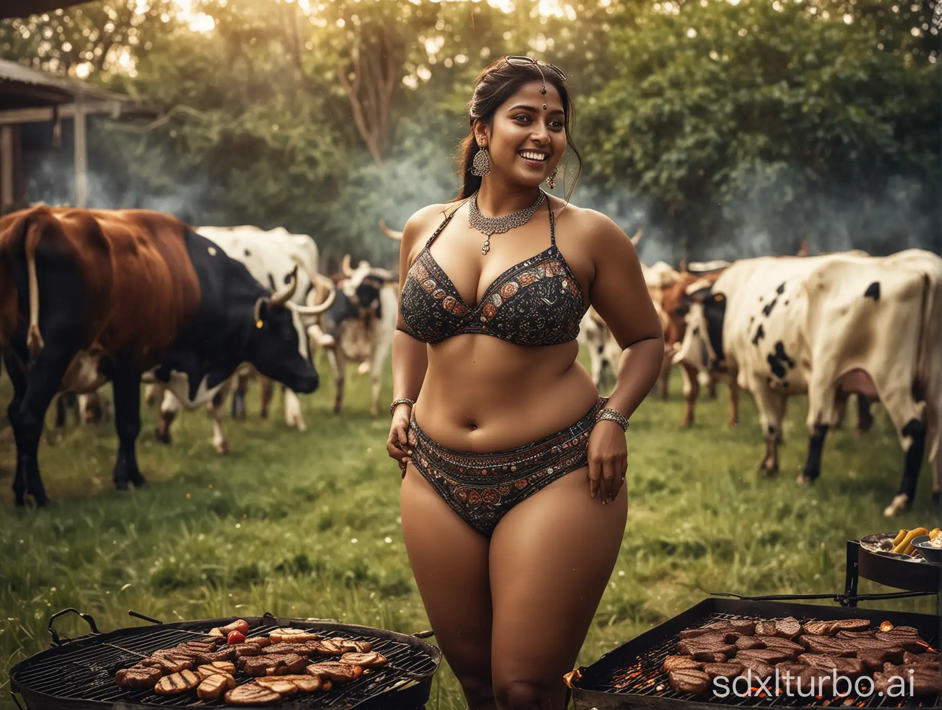 Happy-Indian-Woman-Grilling-Steak-with-Grazing-Cows-in-Background