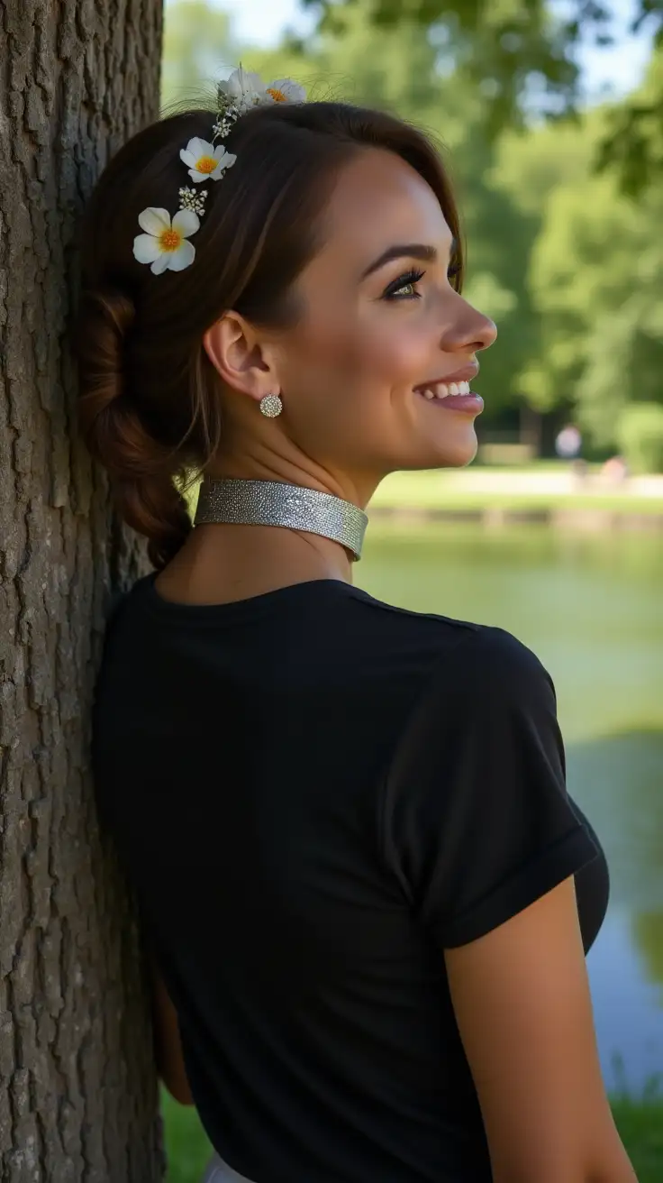 Urban-Park-Portrait-Curvy-Woman-with-Metallic-Choker-and-Flowered-Hair