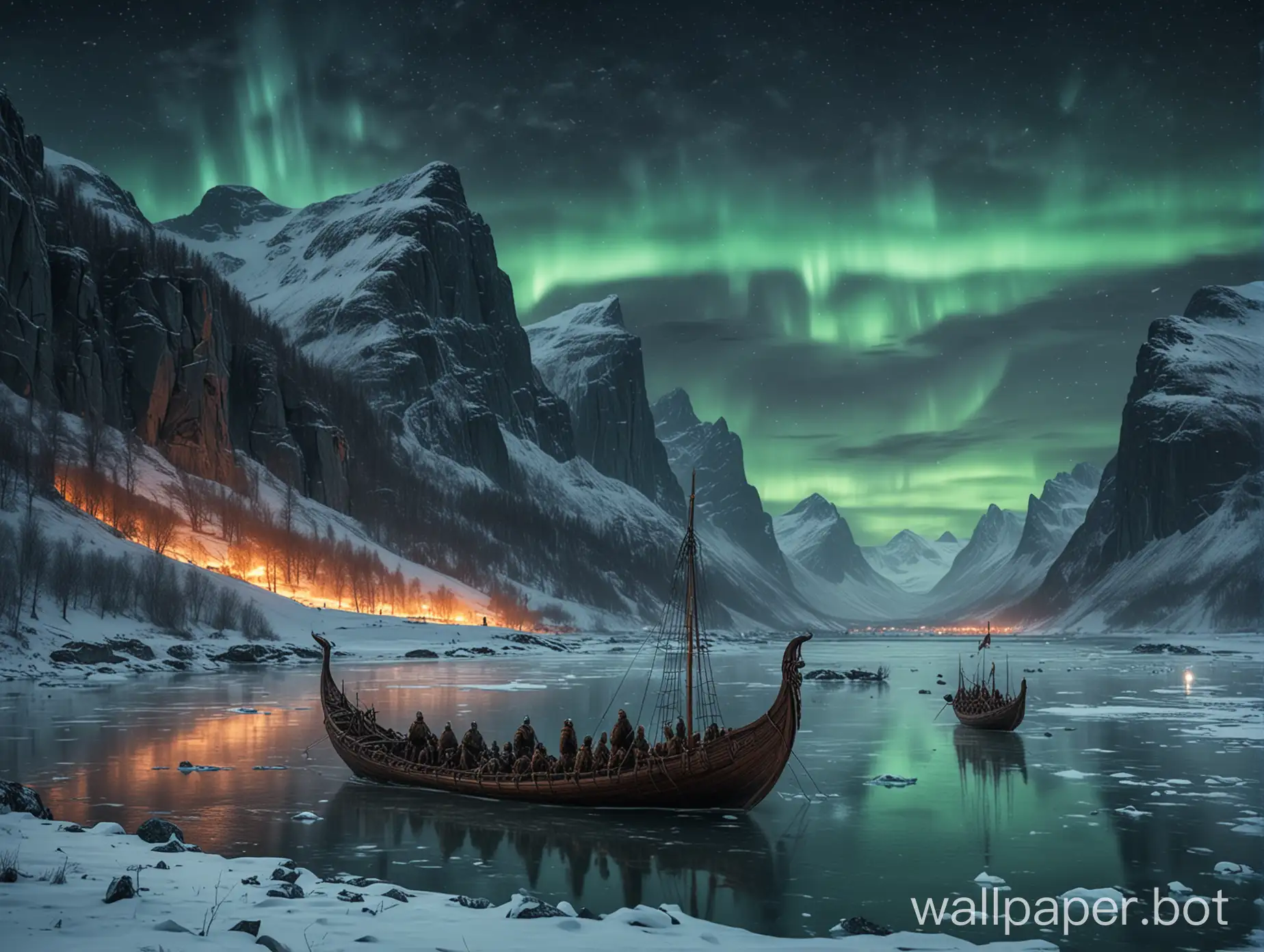 Very large viking ships carrying many viking soldiers in a frozen bay surrounded by massive mountains covered in snow and barren trees with a few crows flying around the night sky, with a breath taking veiw of the northern lights