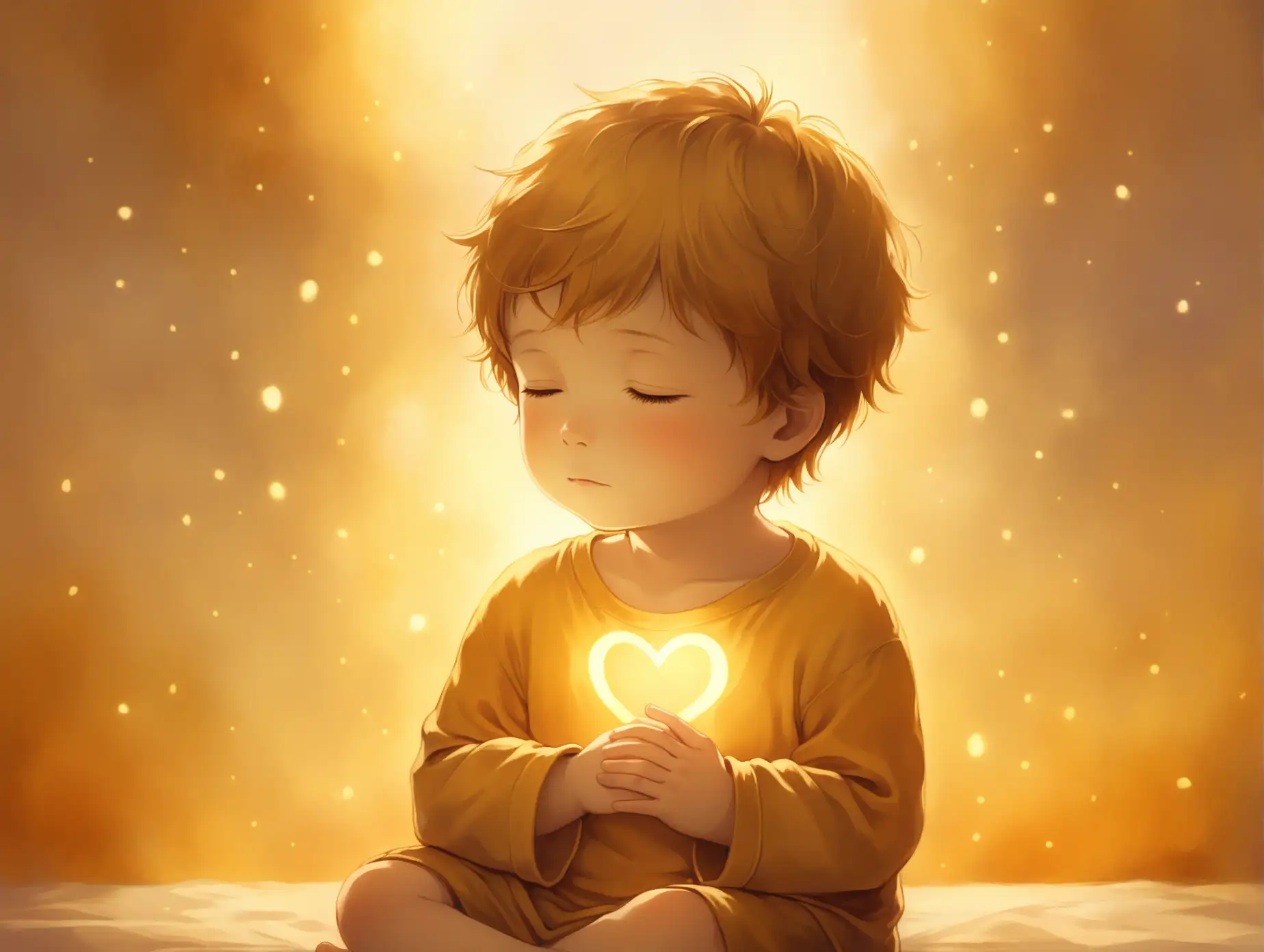 A young boy around 3 years old sits quietly with a peaceful, content expression, one hand resting gently over his heart. A soft, warm golden glow emanates from his chest, symbolizing a warmth born within his soul. The light spreads outward, casting a gentle glow around him, creating a feeling of inner peace and love. The background is soft and blurred with warm hues of amber and gold, enhancing the sense of warmth, innocence, and comfort.