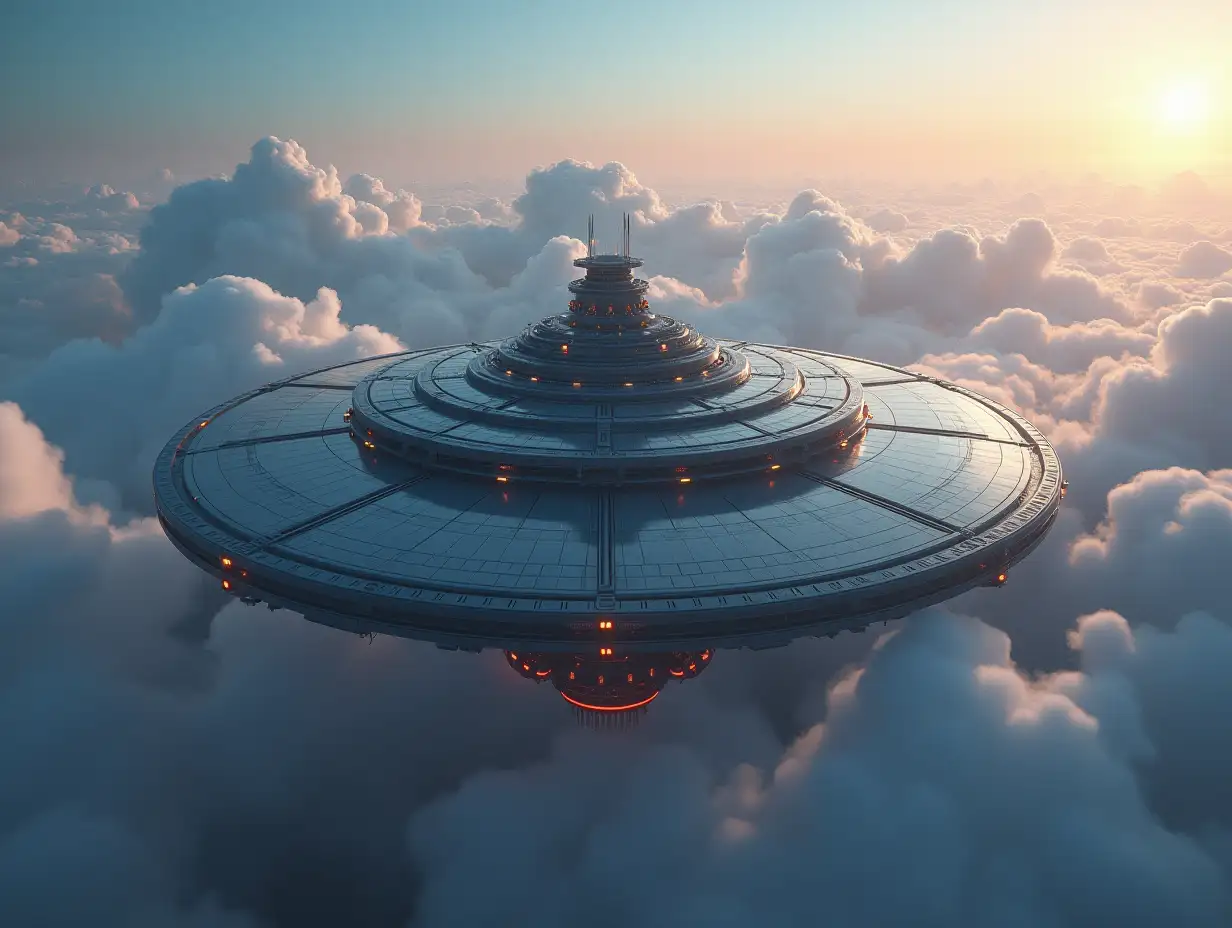 Photorealistic large round spaceship station with several colored ones with space 8k resolution in the clouds