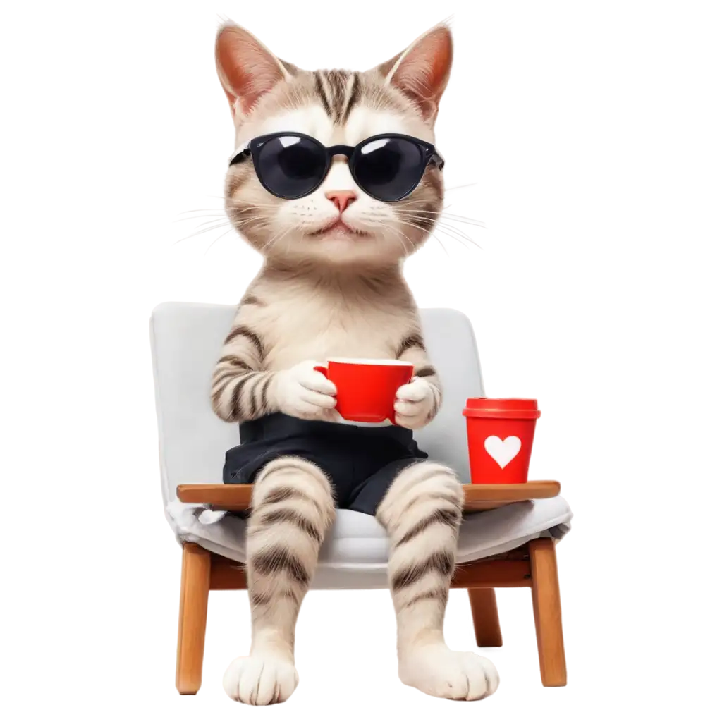 A CAT HOLDING A COFFEE CUP WITH LOVE LOGO ON IT, WEARING A SUNGLASS , SITTING ON A CHAIR IN BEACH