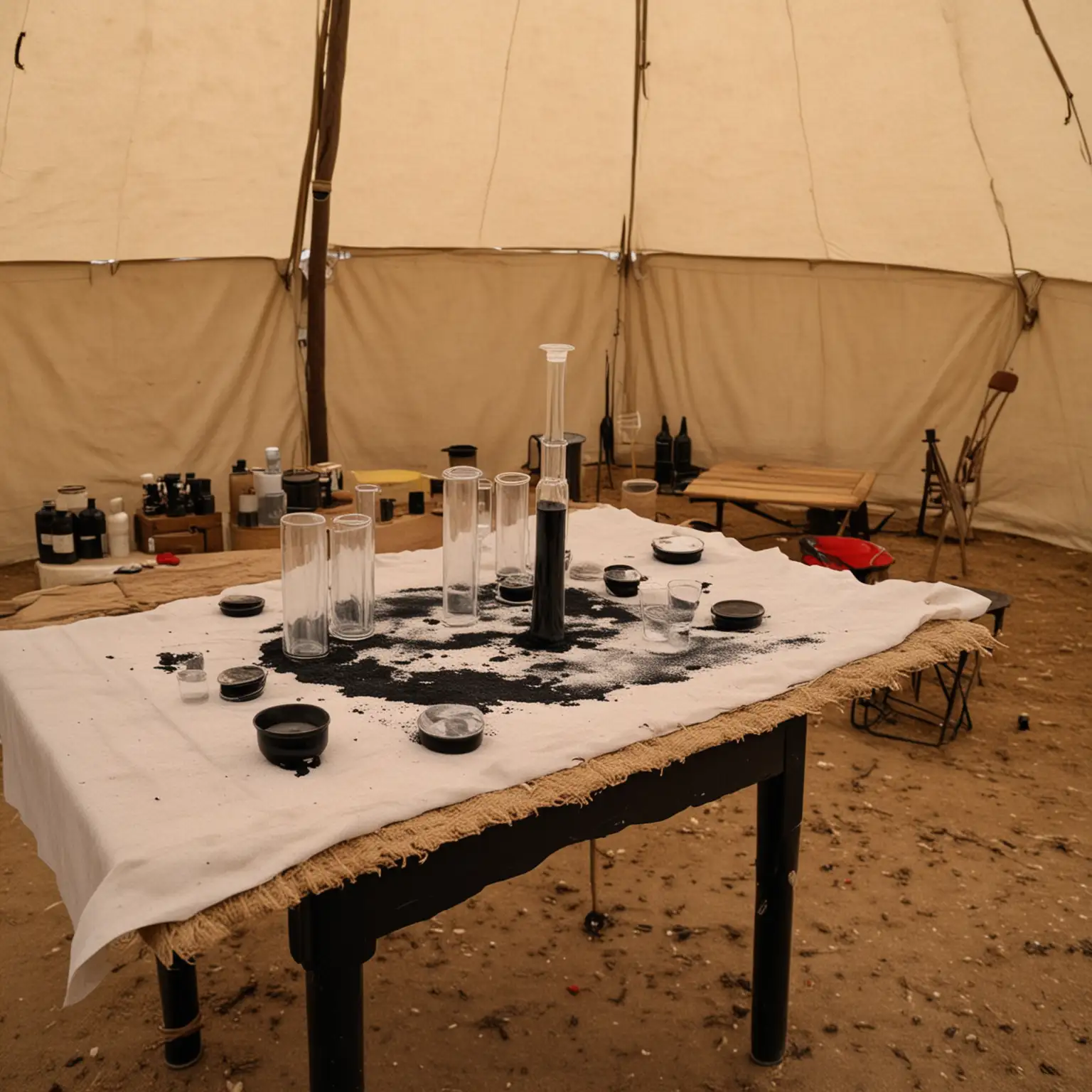 a table in an eastern tent, there's a chemical test tube with black ash on it