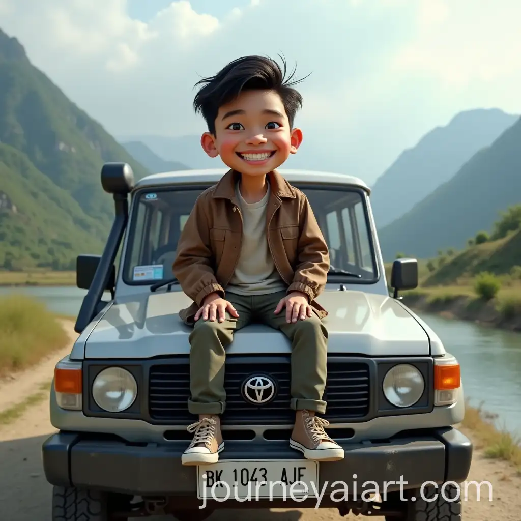 Indonesian-Caricature-of-a-25YearOld-Smiling-on-Land-Cruiser-with-Scenic-Mountain-Background