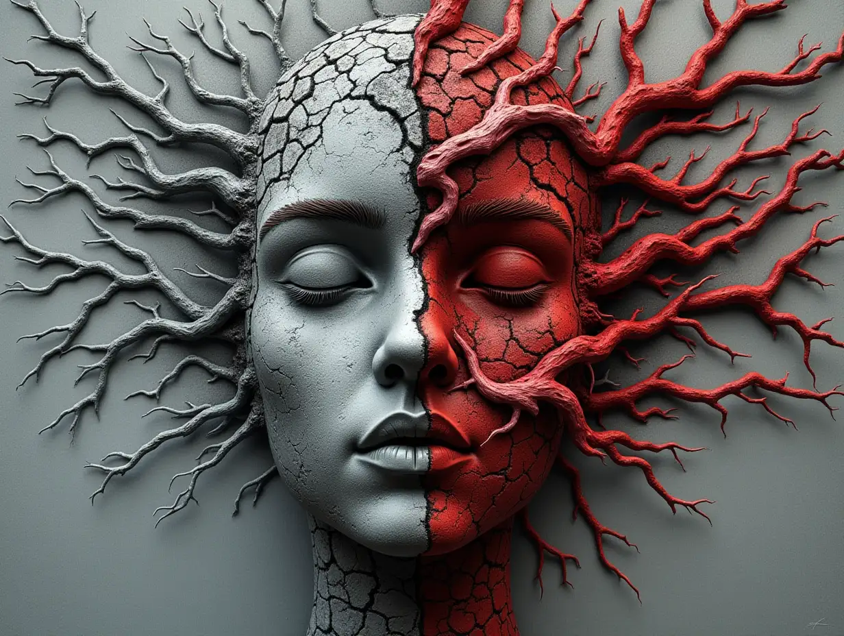 Face with grey and red stones, roots and branches transformed into building