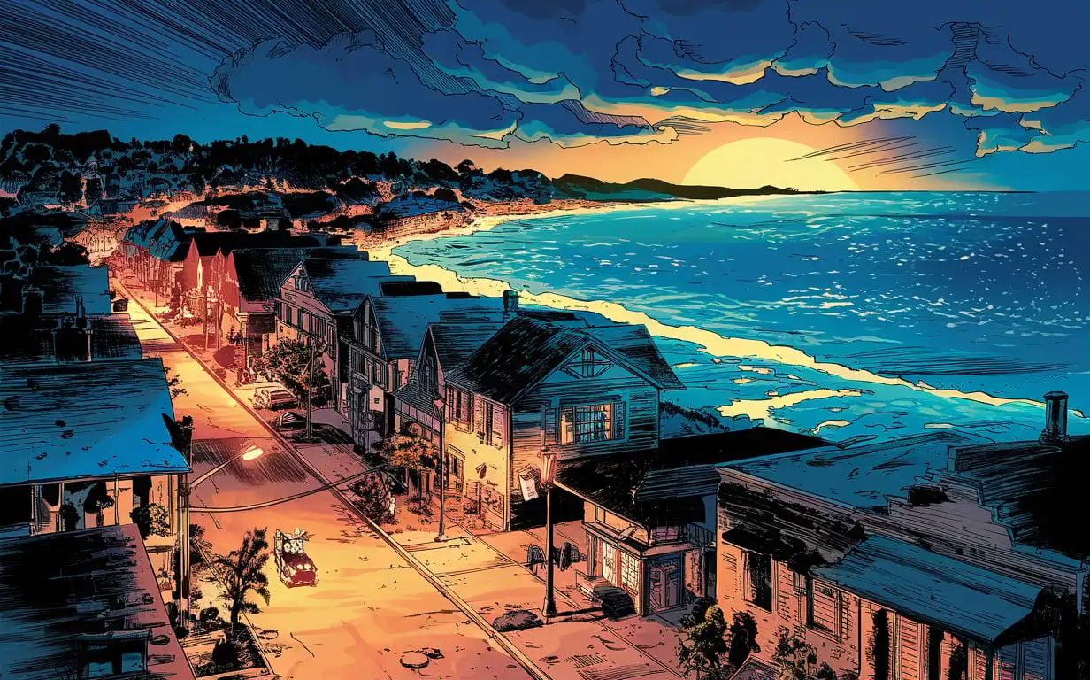 Nighttime Coastal Town Comic Book Drawing with Vivid Colors