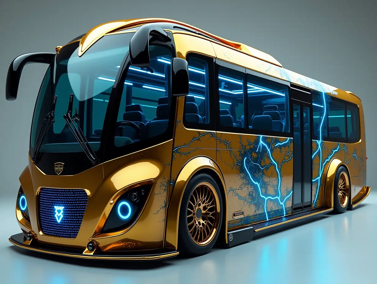 Modern utopian sports bus in gold and black with bright blue lightning color with round ornaments, lowered body, 18-inch rims, aluminum wheels, cream blue gold, cyberpunk.