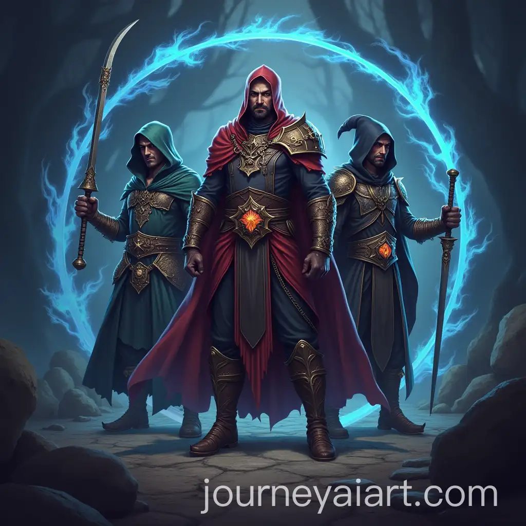 Fantasy-Game-Start-Screen-Featuring-Warrior-Magician-and-Rogue-Characters