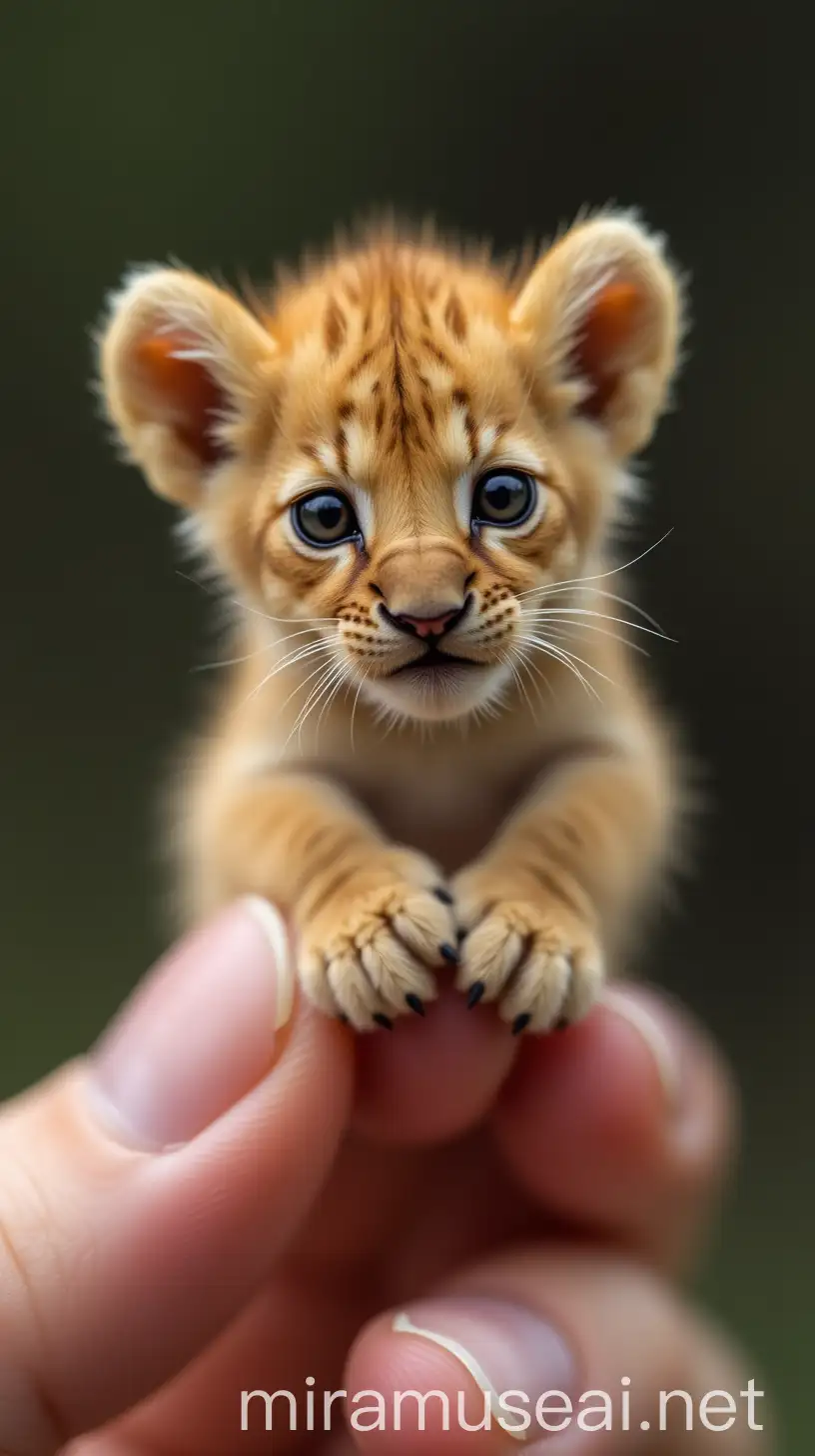 Miniature Lion Perched on Thumb A HyperRealistic Encounter